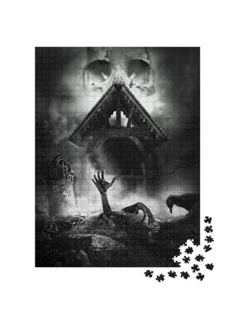puzzle 1000 dílků „Gotická scéna s náhrobkem a vzkříšenou zombie“