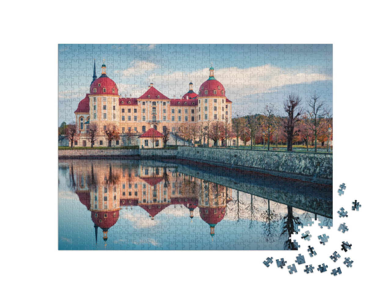puzzle 1000 dílků „Ranní pohled na barokní zámek Moritzburg“