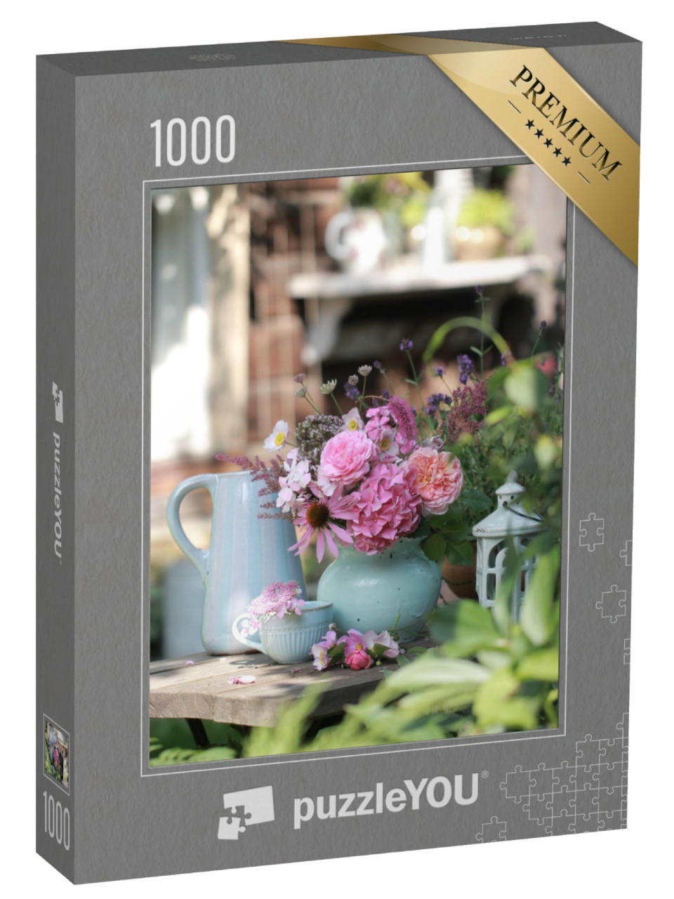 puzzle 1000 dílků „Růžové květy v krásné keramice“