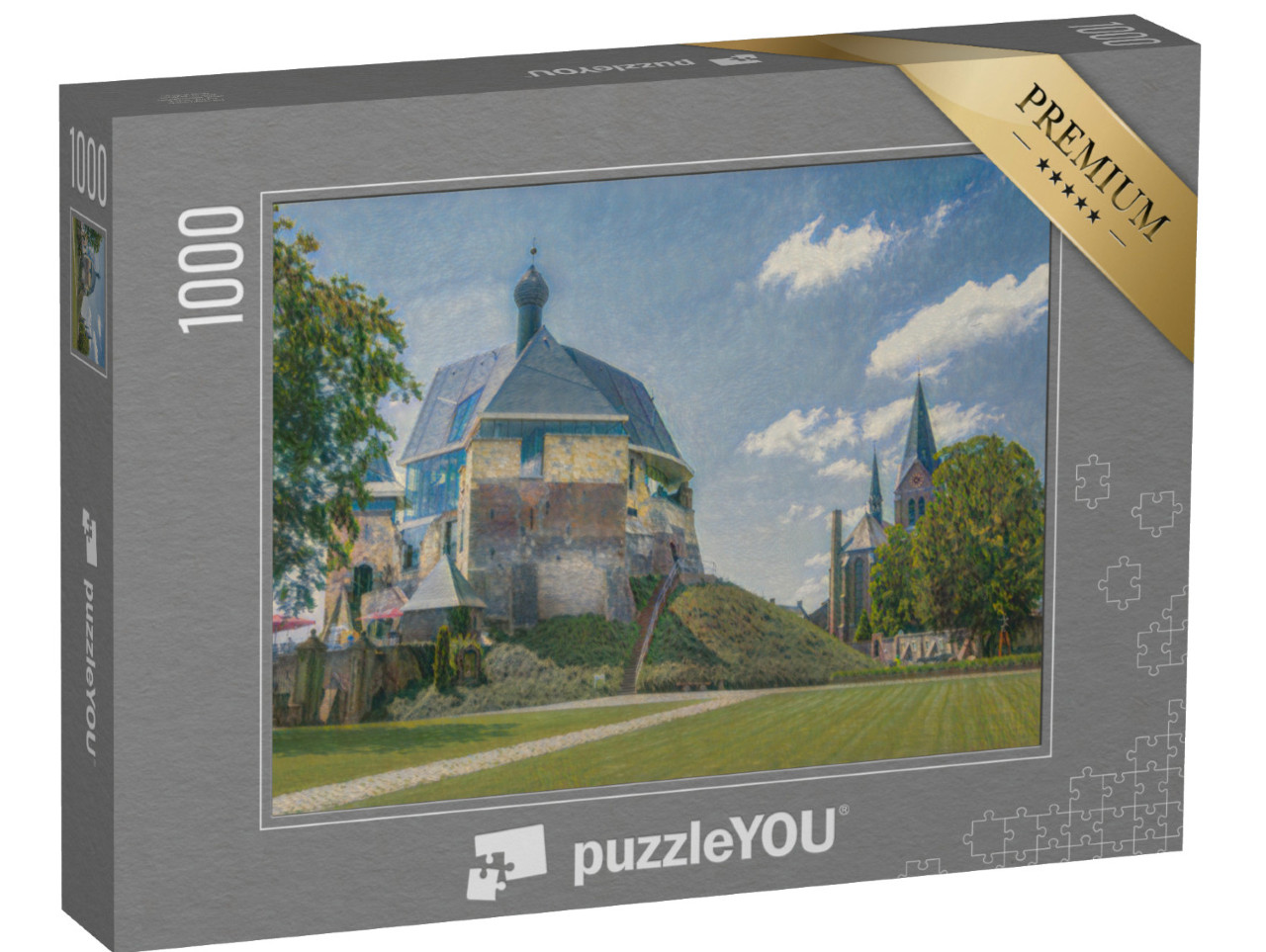 puzzle 1000 dílků „ve stylu Clauda Moneta - hrad a kostel v Keverburgu na řece Máse, Nizozemsko“