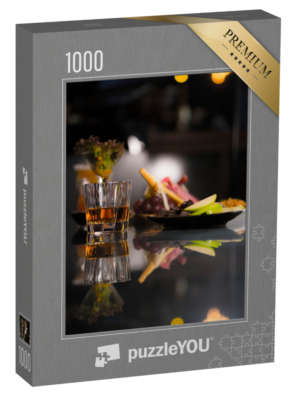 puzzle 1000 dílků „Whisky na barovém pultu z černého mramoru s aperitivem“