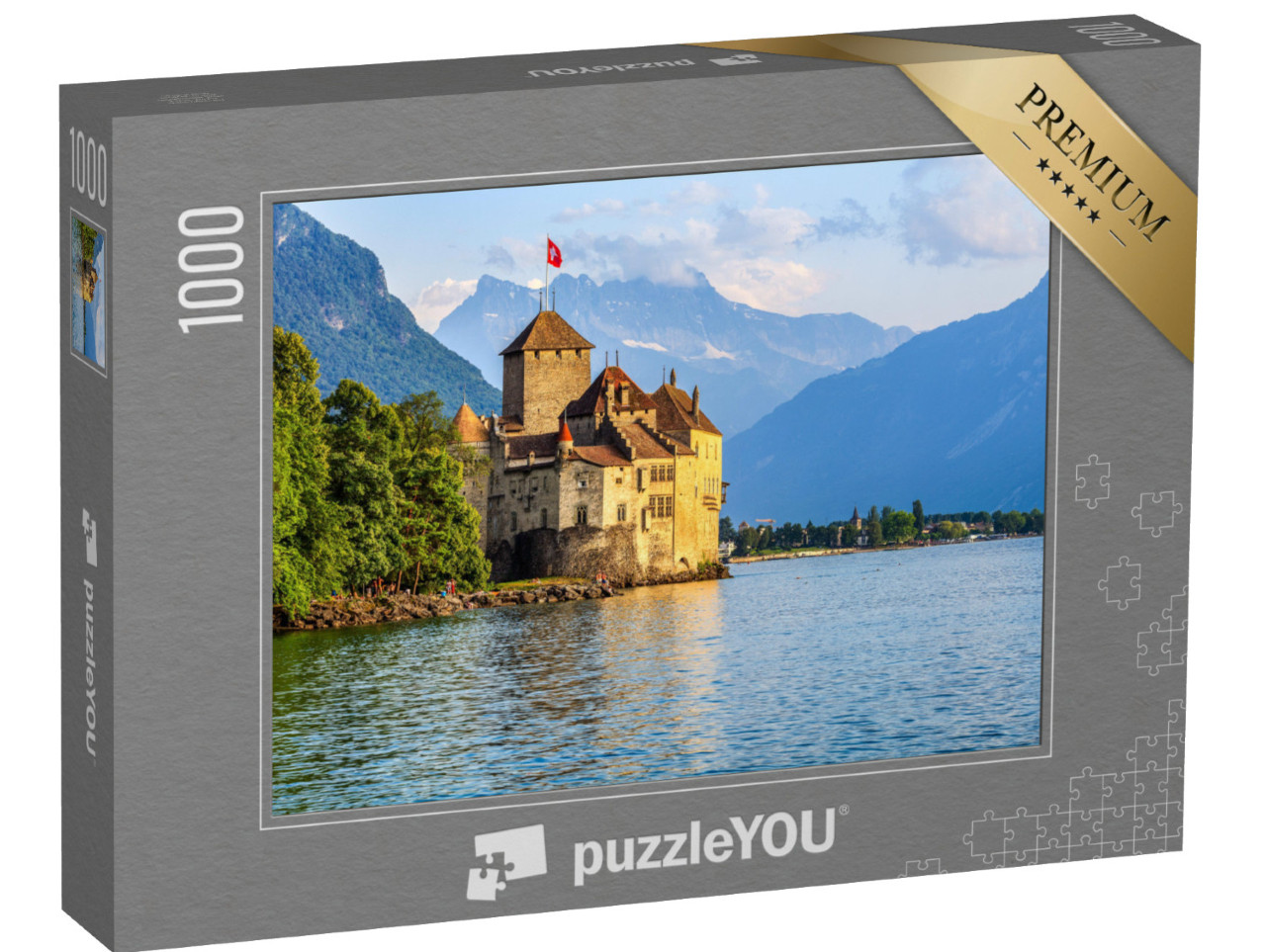 puzzle 1000 dílků „Západ slunce nad hradem Chillon u Ženevského jezera“