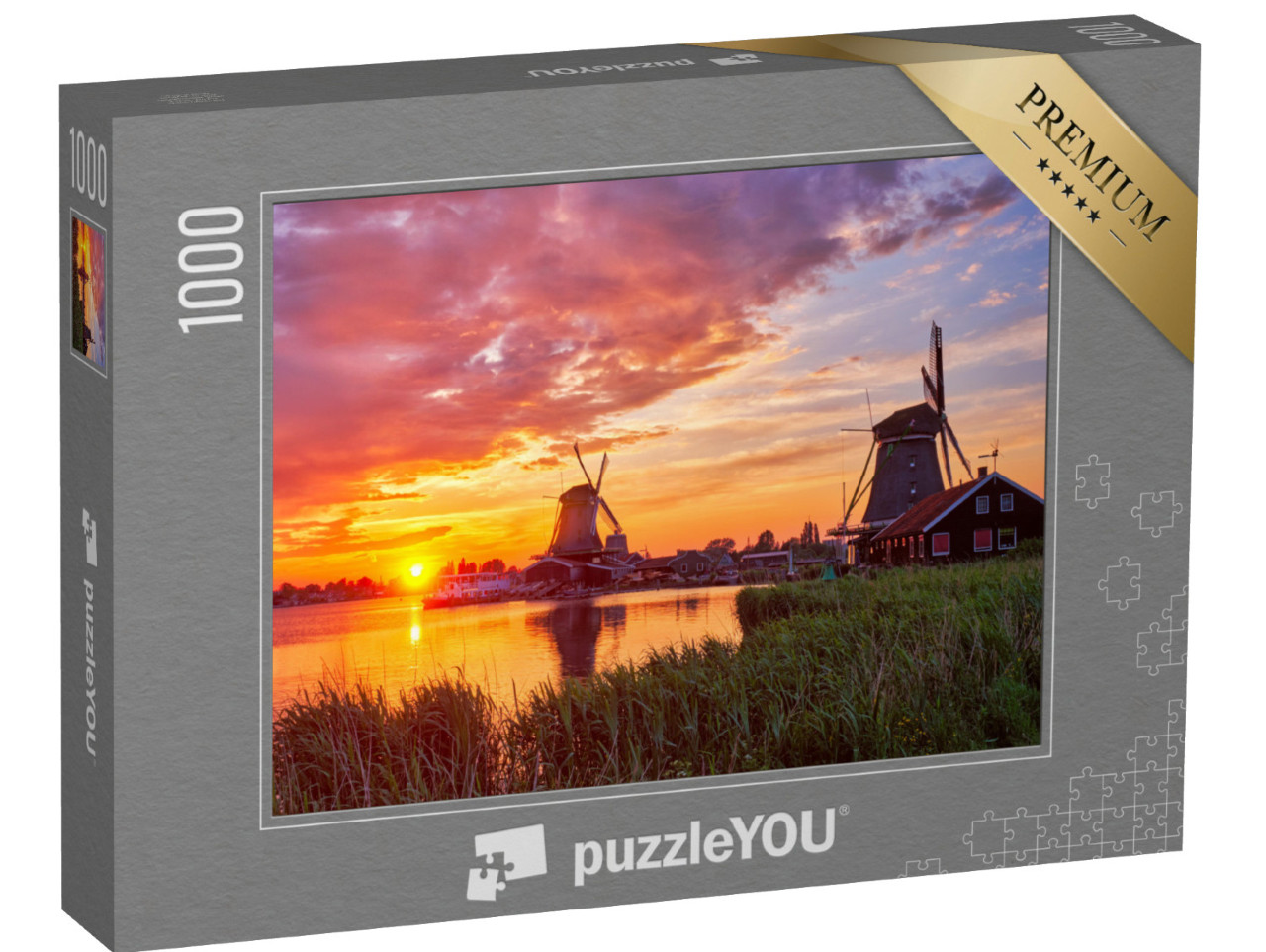 puzzle 1000 dílků „Větrné mlýny v turistickém středisku Zaanse Schans v Nizozemsku“