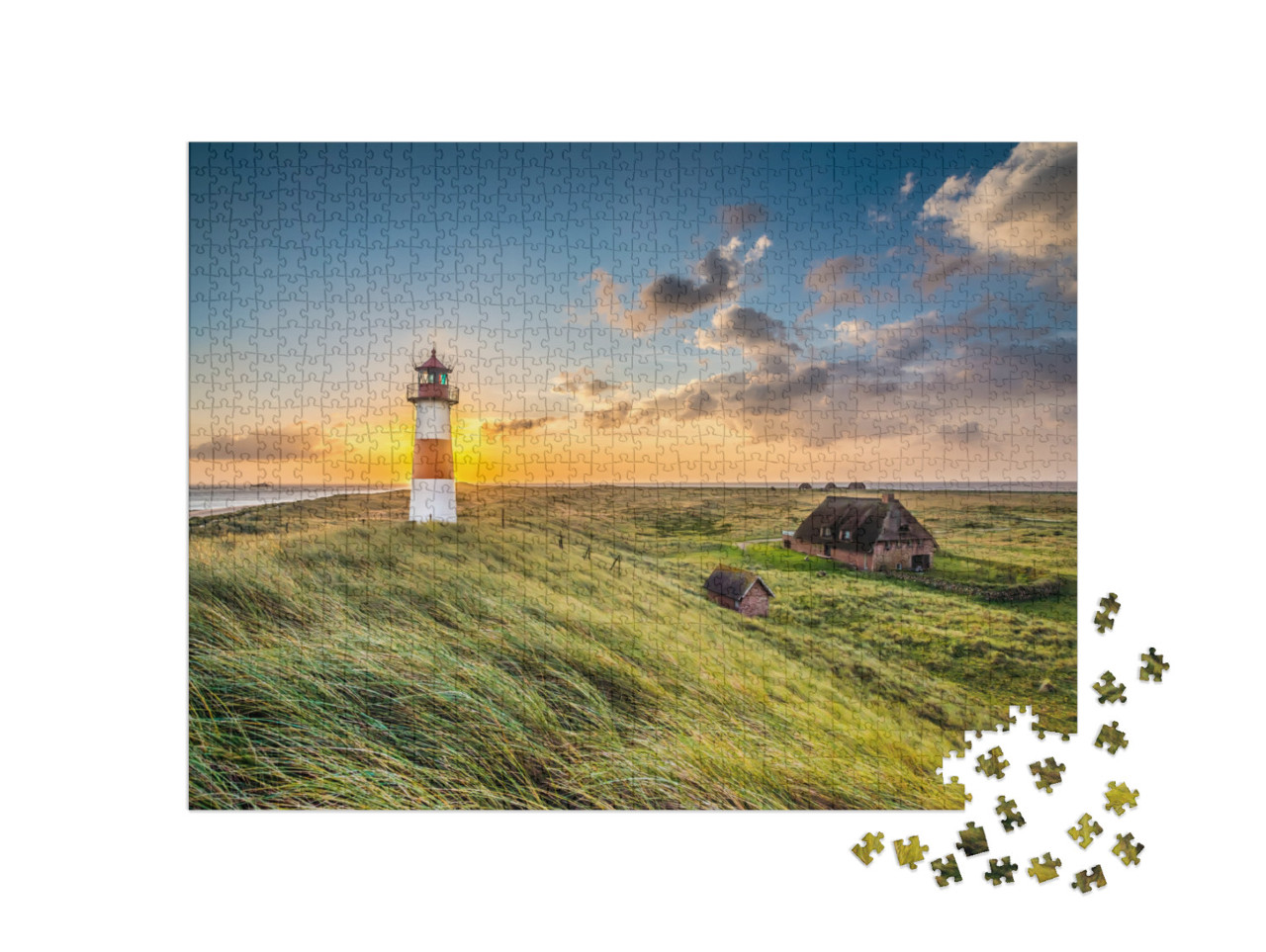 puzzle 1000 dílků „Východ slunce u majáku v Listu na ostrově Sylt, Šlesvicko-Holštýnsko, Německo“