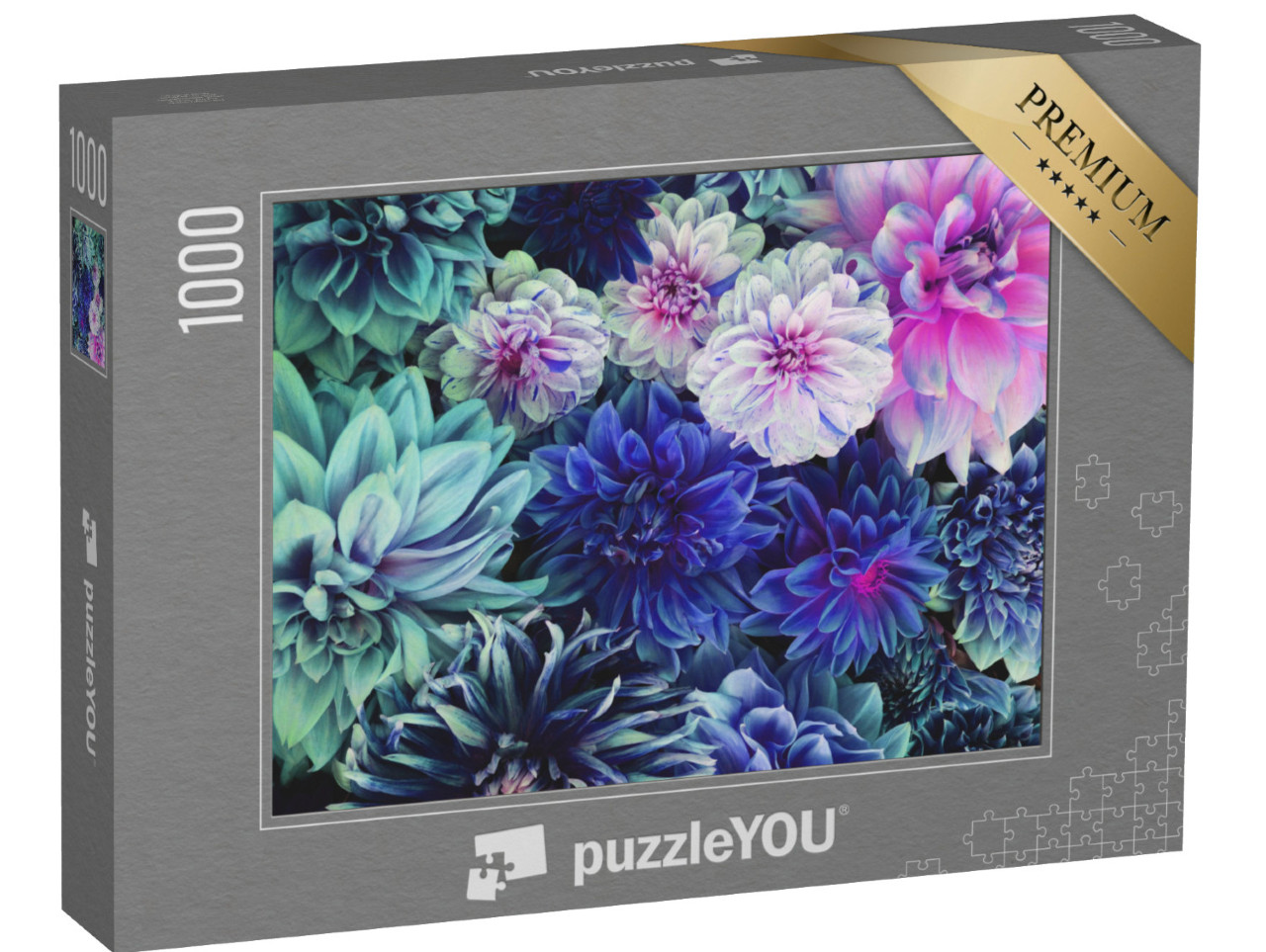 puzzle 1000 dílků „Bílé a fialové květy jiřinek v plném květu“