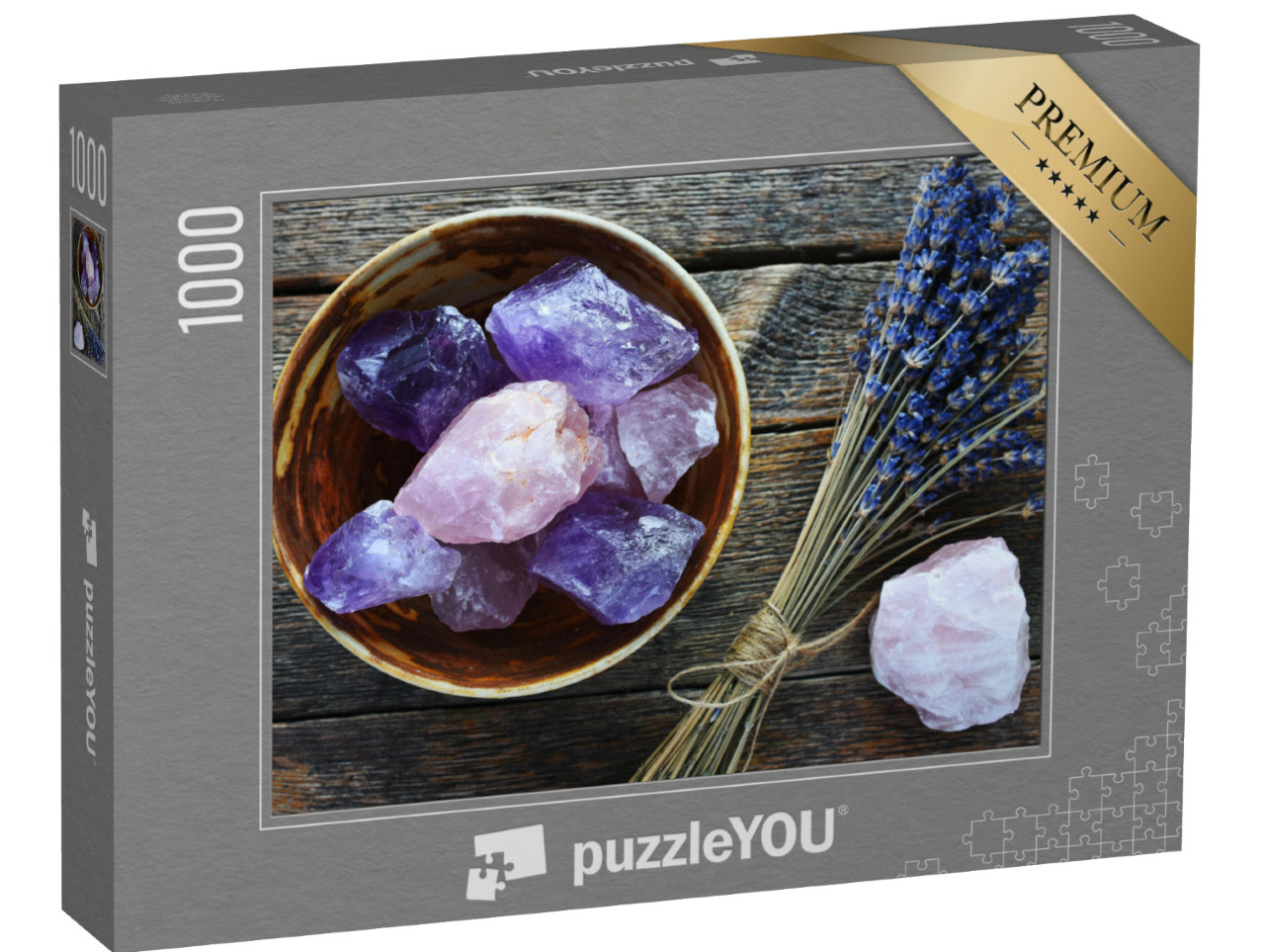 puzzle 1000 dílků „Stolní obrázek keramické mísy s velkým růženínem a ametystem“