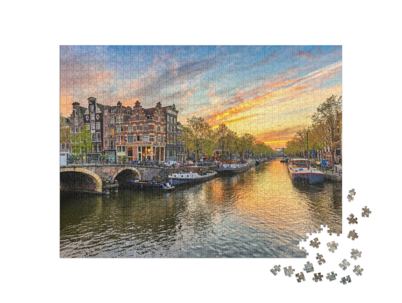 puzzle 1000 dílků „Panorama Amsterdamu na nábřeží Gracht, Amsterdam, Nizozemsko“