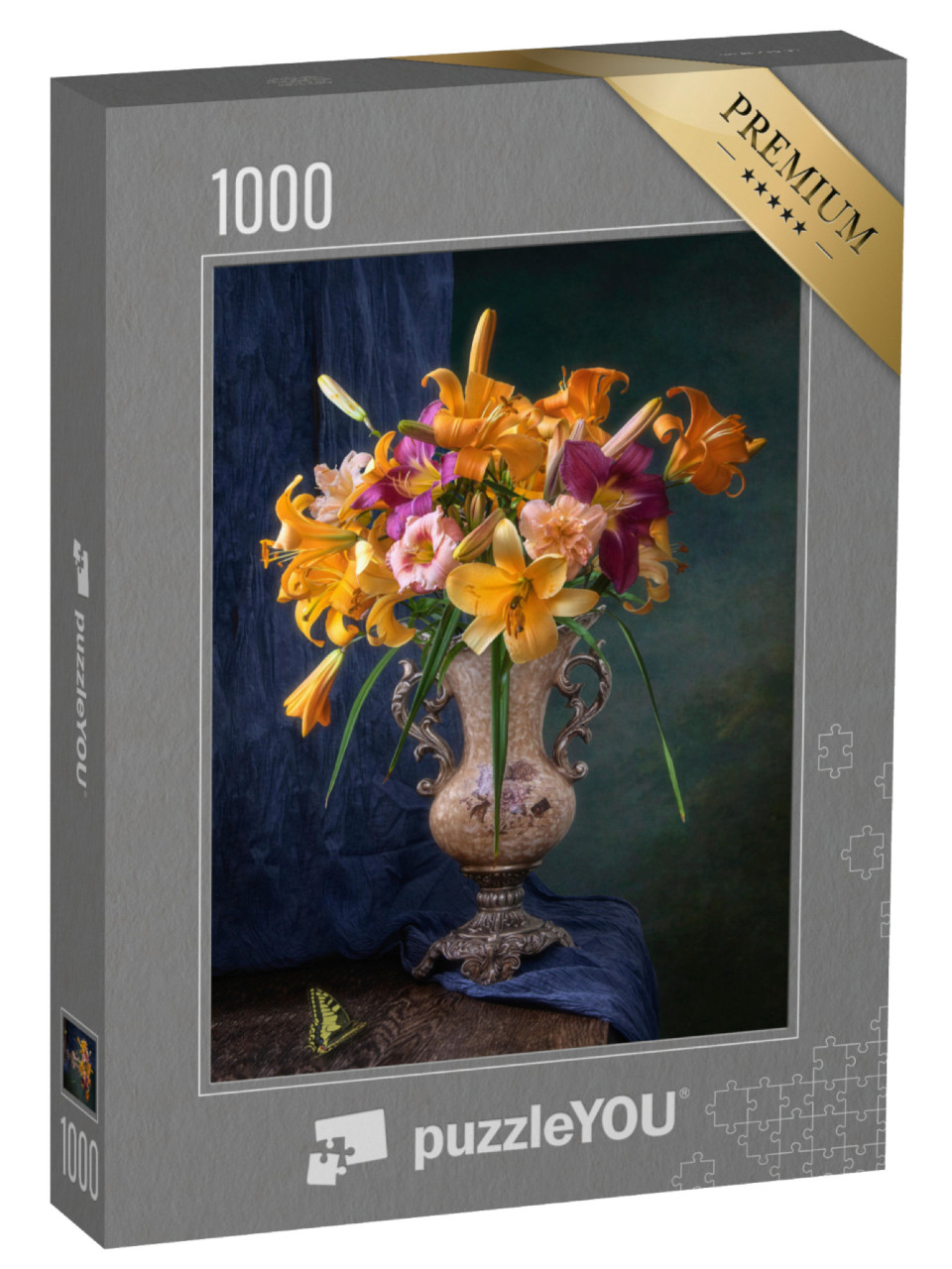 puzzle 1000 dílků „Zátiší se žlutými liliemi a květy denivek“