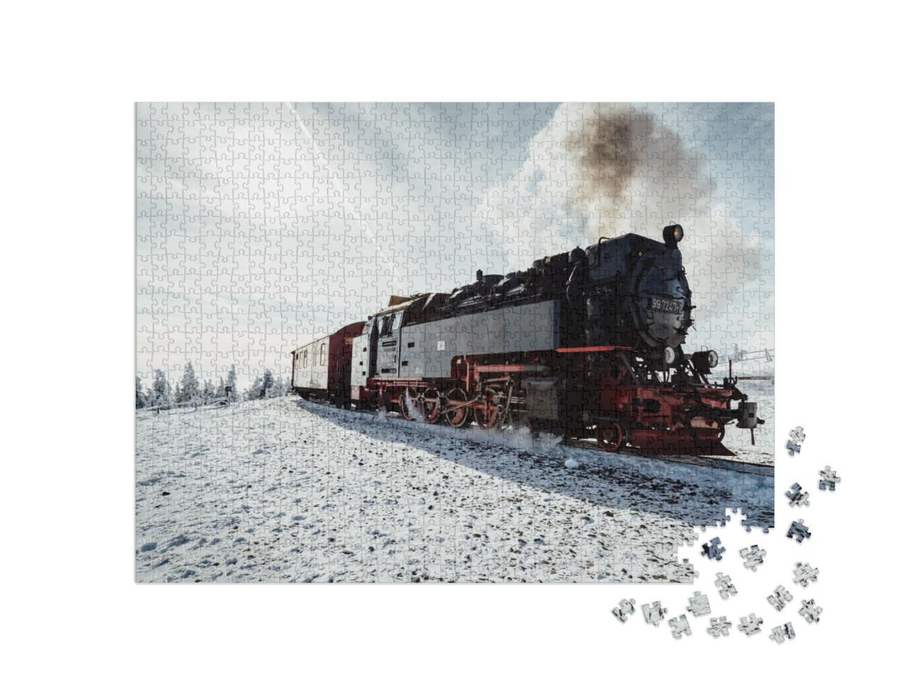 puzzle 1000 dílků „Parní vlak v zimě na Brockenu, Harz“