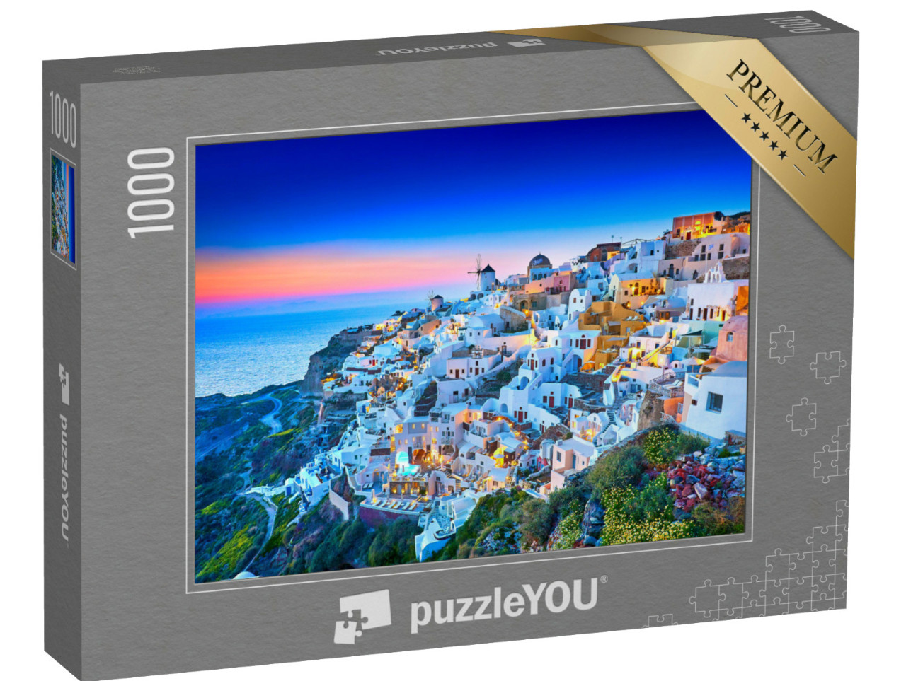 puzzle 1000 dílků „Kostel na Santorini s romantickým západem slunce, Řecko“