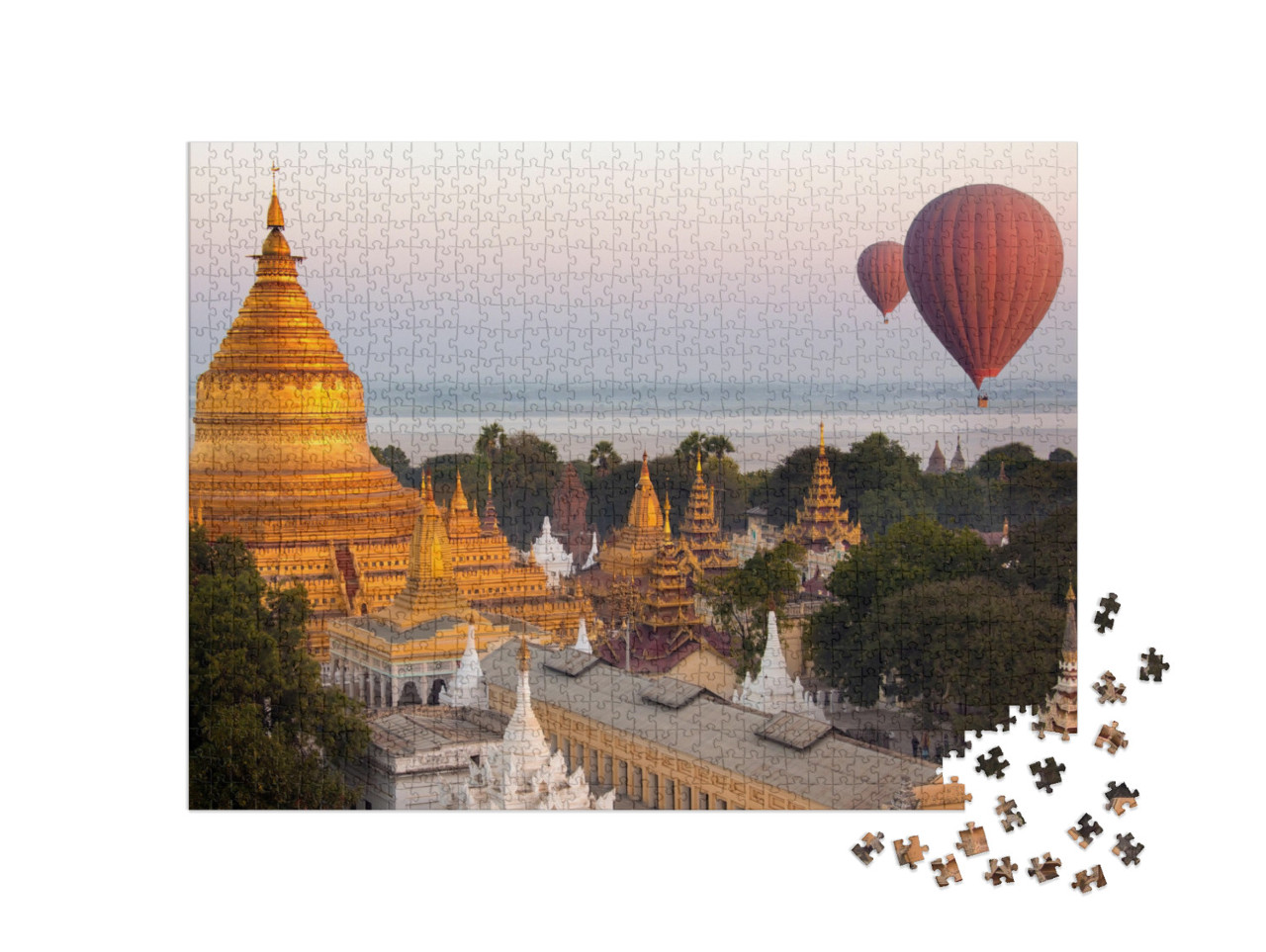 puzzle 1000 dílků „Atmosférický letecký pohled na horkovzdušné balóny u pagody Shwezigon, Myanmar“