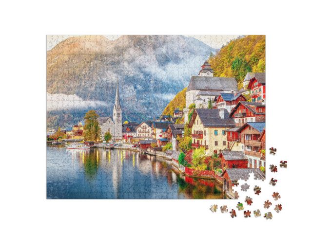 puzzle 1000 dílků „Hallstattské jezero s břehem a horami, Rakousko“