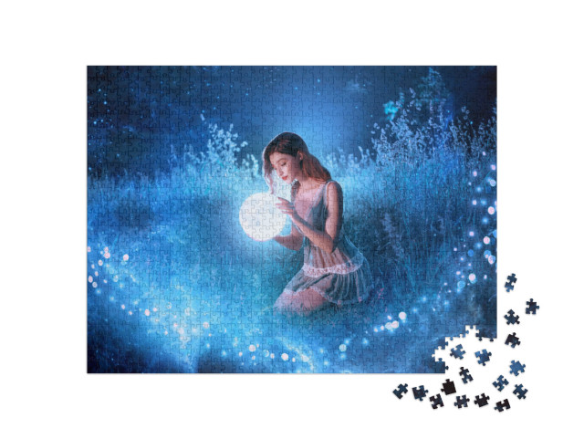 puzzle 1000 dílků „V noci v lese: Mladá elfka drží v rukou měsíc“