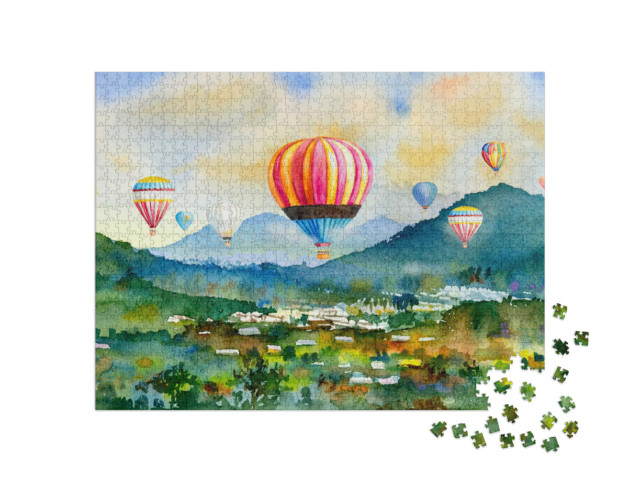 puzzle 1000 dílků „Horkovzdušné balóny nad vesnicí v horách“