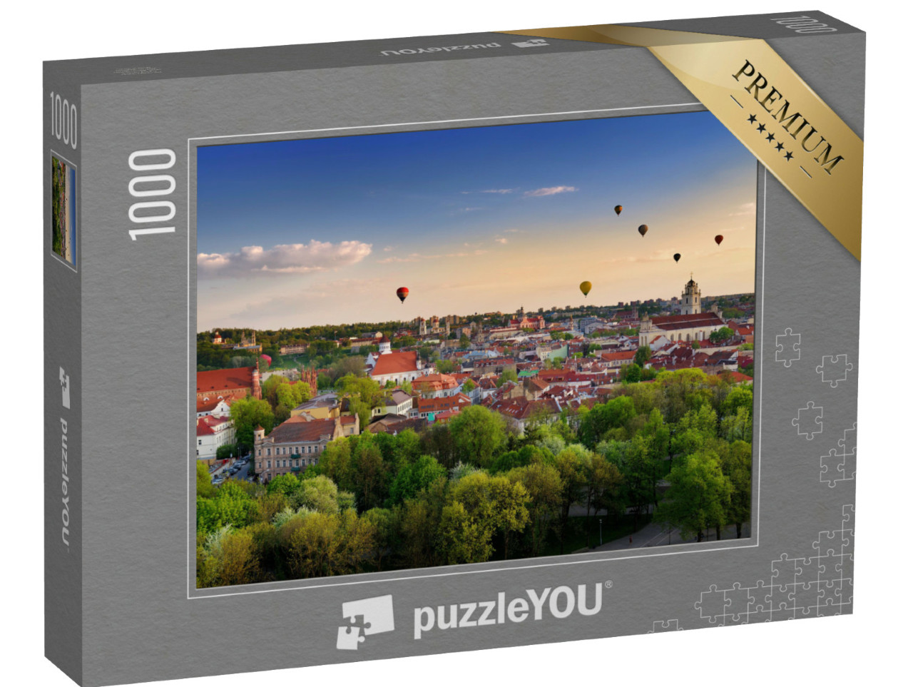puzzle 1000 dílků „Letní panorama starého města Vilniusu s barevnými horkovzdušnými balóny“