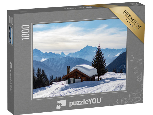 puzzle 1000 dílků „Zasněžená horská chata ve švýcarských Alpách“