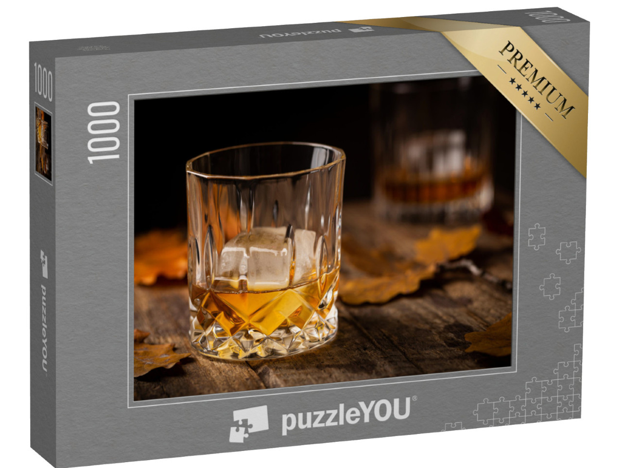 puzzle 1000 dílků „Sklenice skotské, whisky a ledu s podzimními listy“