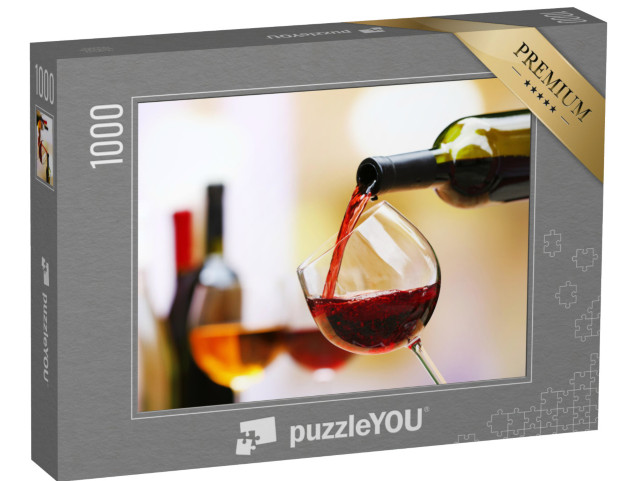 puzzle 1000 dílků „Červené víno teče do sklenice na víno v detailním záběru“