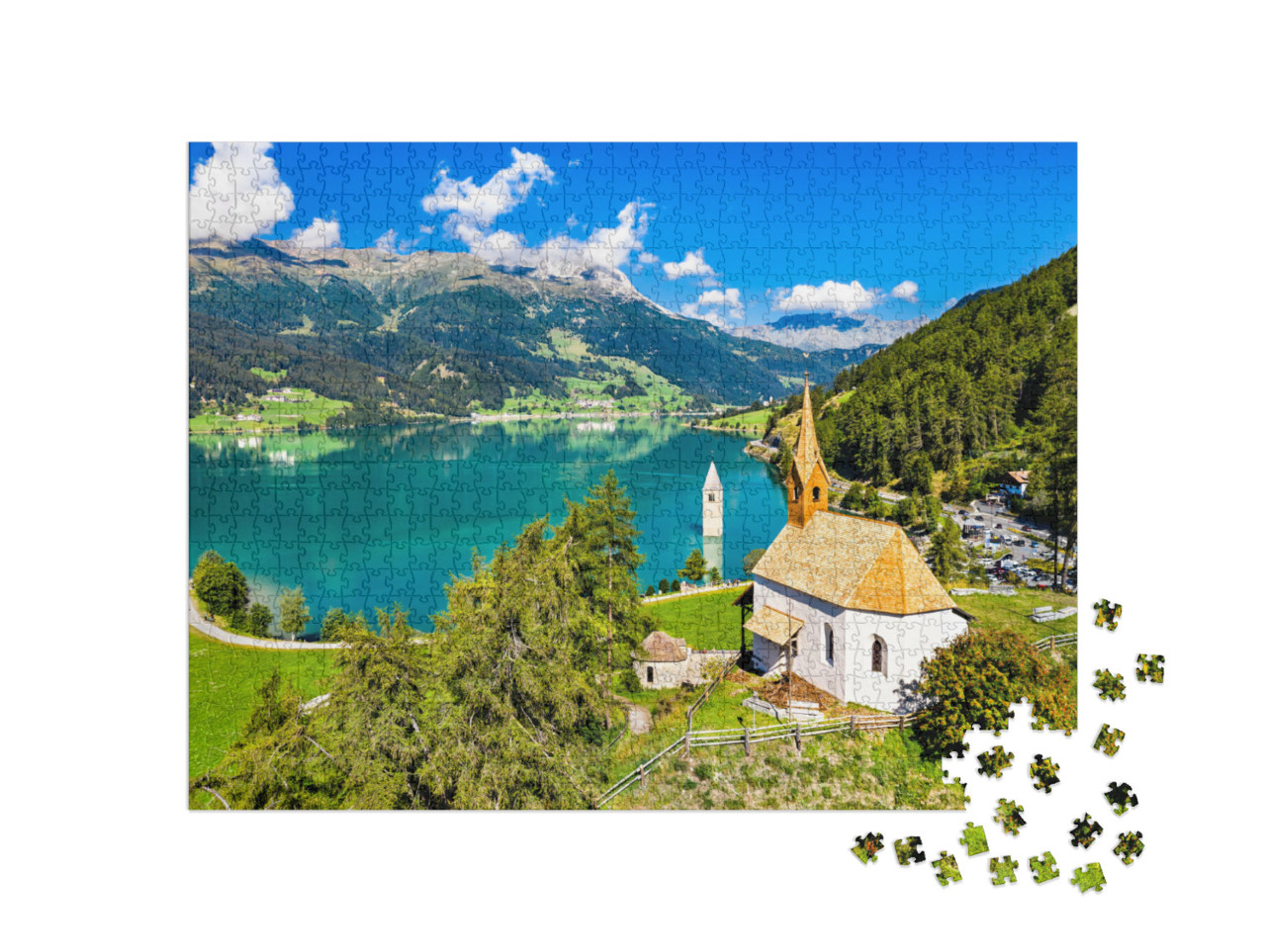 puzzle 1000 dílků „Kaple svaté Anny a zahloubená zvonice v Curonu, údolí Vinschgau“
