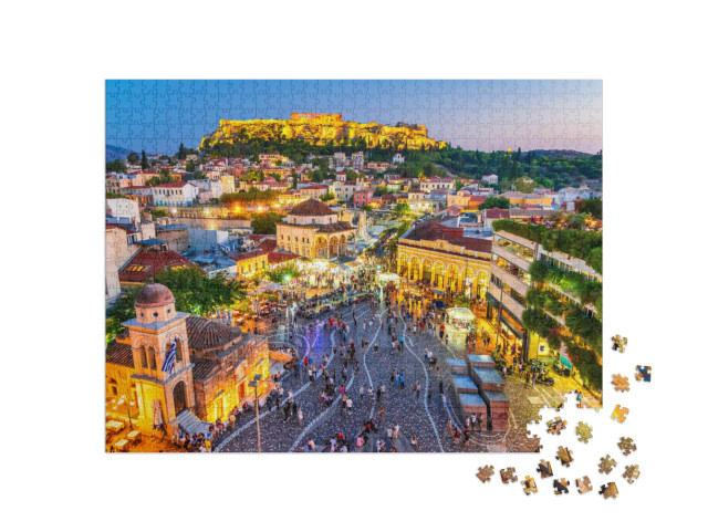 puzzle 1000 dílků „Náměstí Monastiraki a starověká Akropole večer, Athény, Řecko“