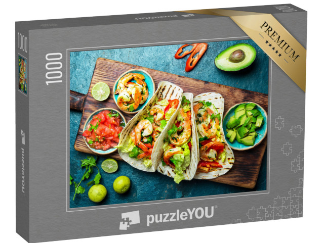 puzzle 1000 dílků „Mexická kuchyně: Krevetové tacos se salsou, zeleninou a avokádem“