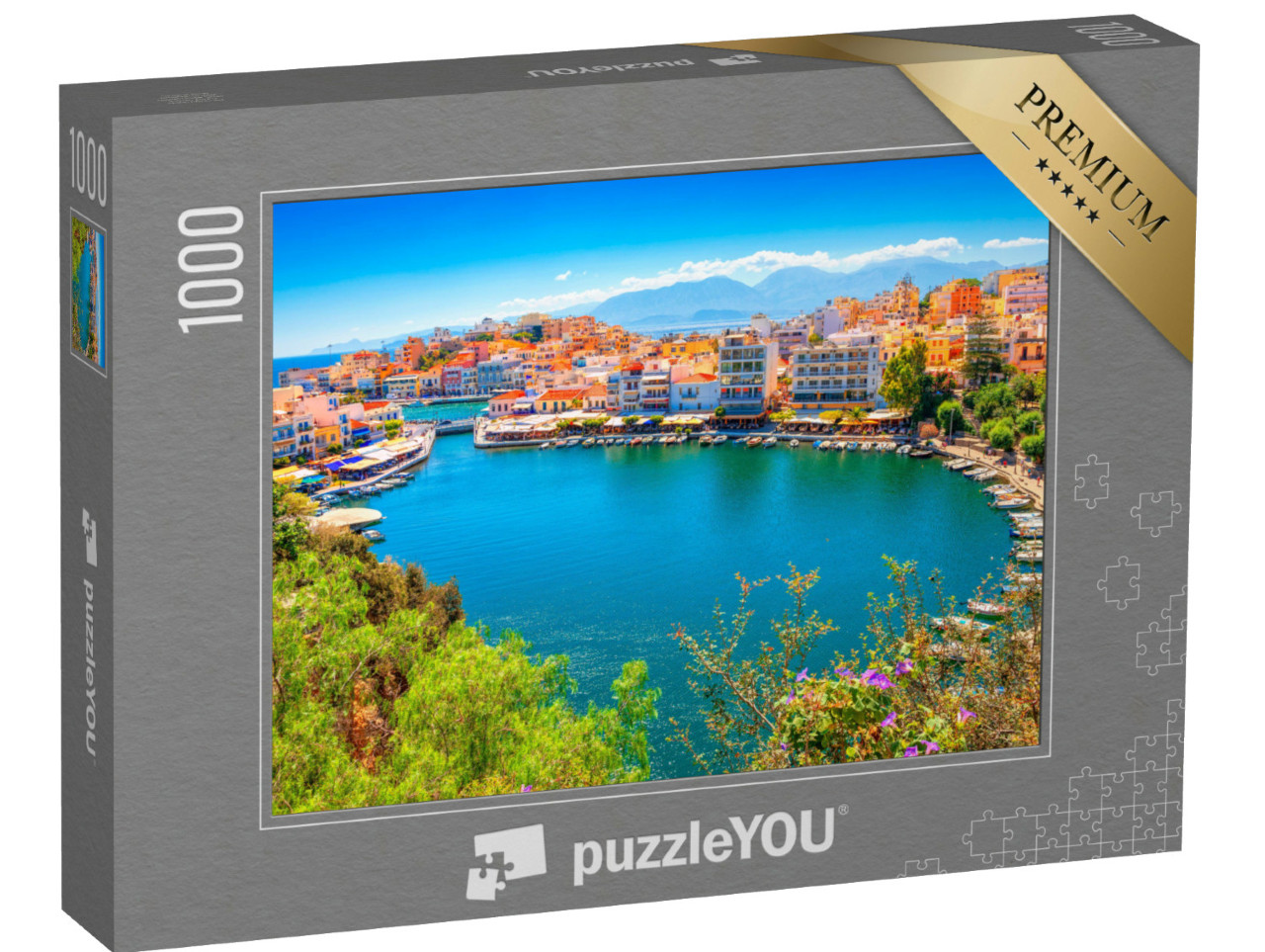 puzzle 1000 dílků „Agios Nikolaos a jezero Voulismeni na ostrově Kréta, Řecko“