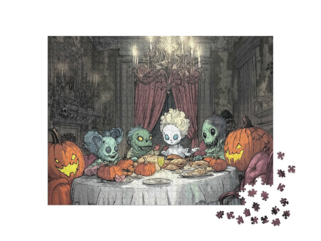 puzzle 1000 dílků „Monstra si vychutnávají halloweenskou hostinu“