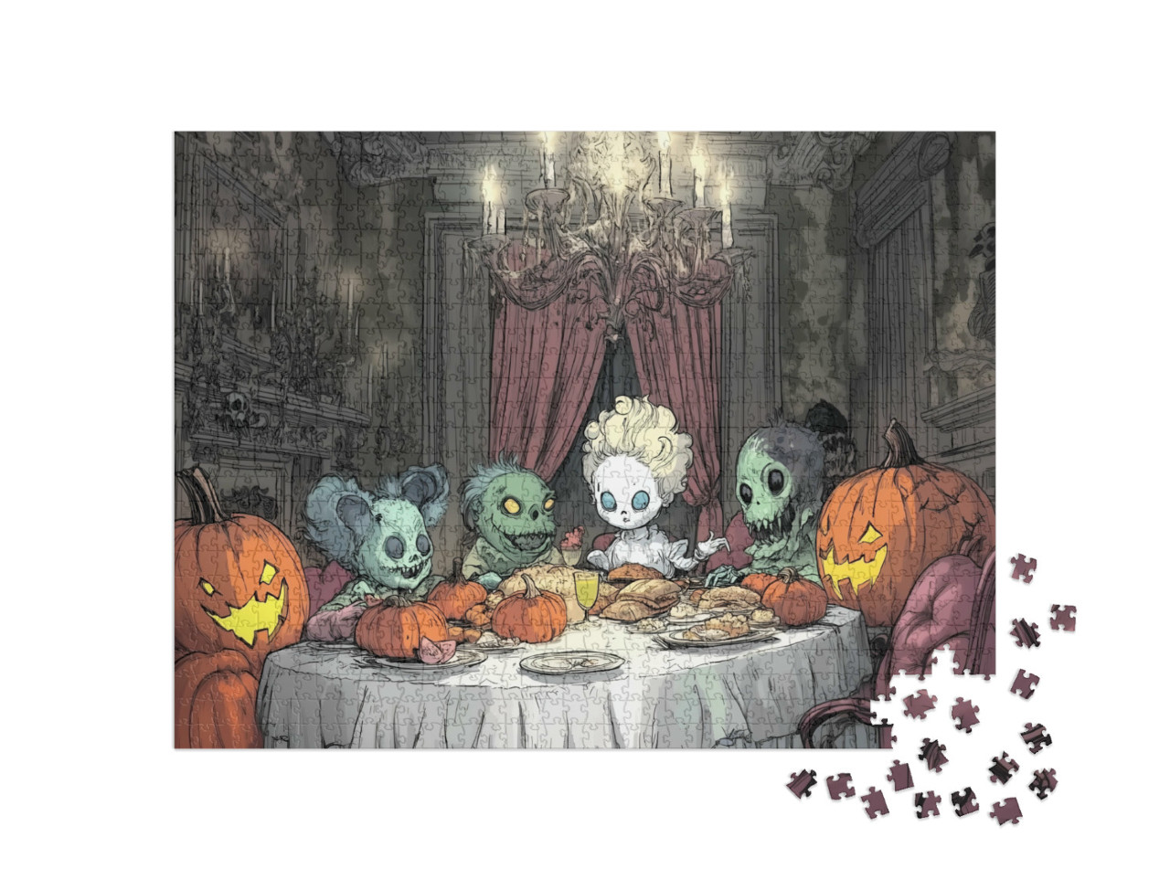 puzzle 1000 dílků „Monstra si vychutnávají halloweenskou hostinu“
