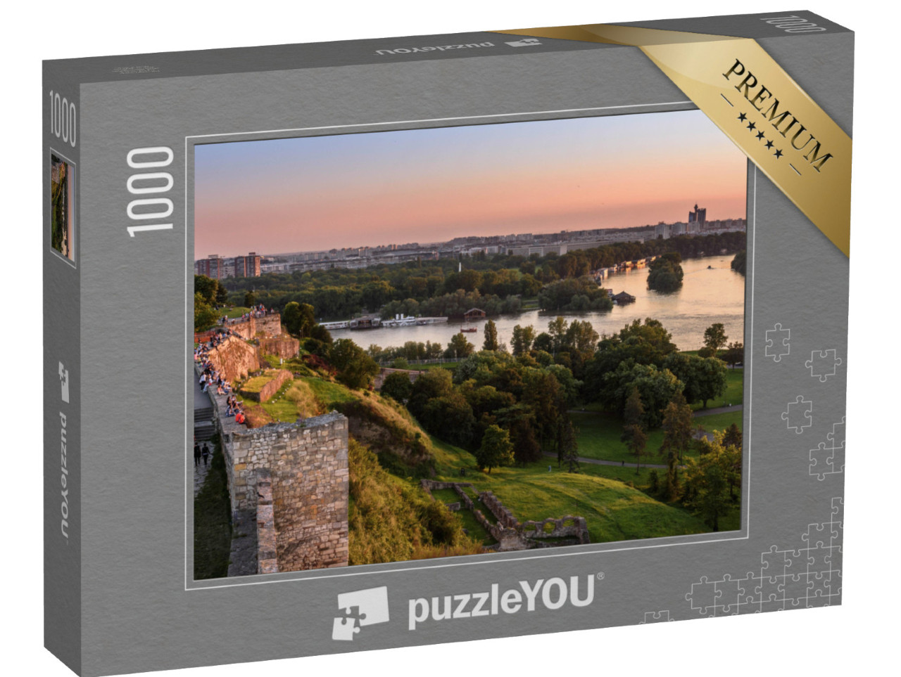 puzzle 1000 dílků „Západ slunce na bělehradské věži Kalemegdan na řece Sávě“