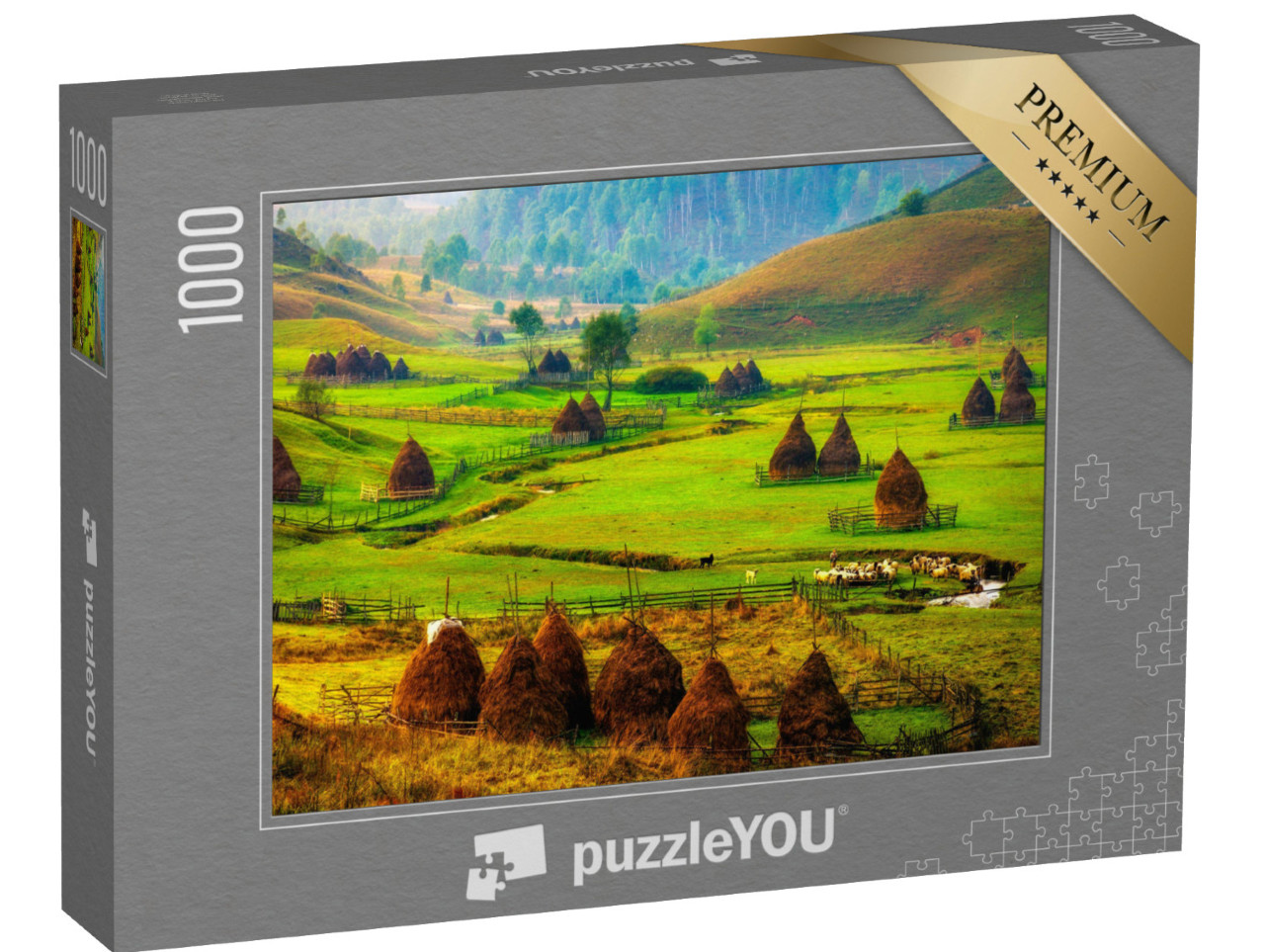 puzzle 1000 dílků „Mlha za podzimního rána: horská krajina Fundatura Ponorului, Rumunsko“