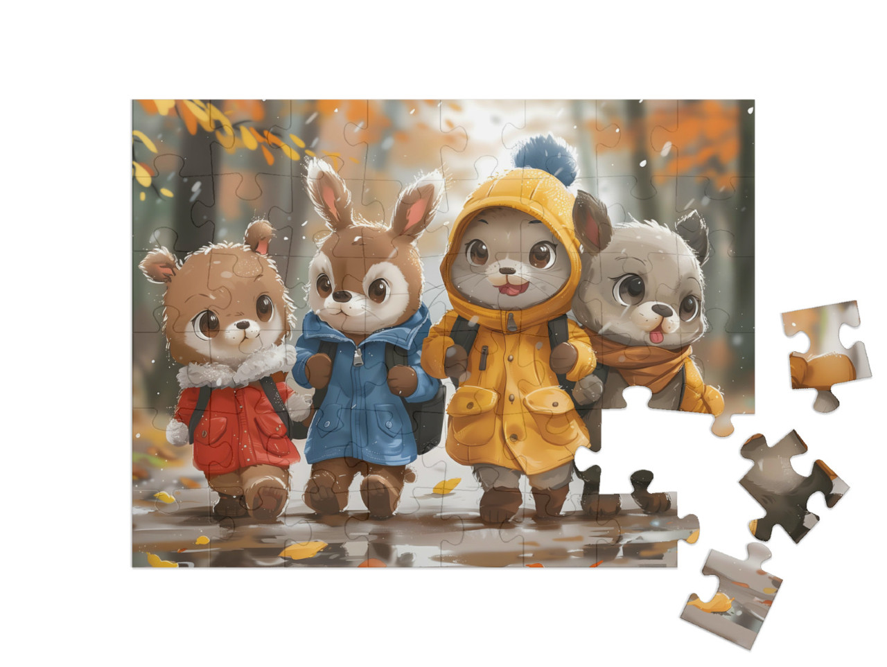 puzzle 48 dílků „Zvířecí kamarádi na deštivé cestě do školy“