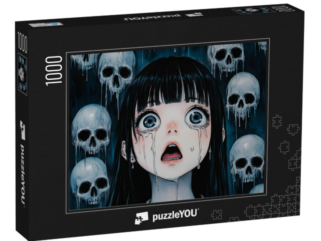 puzzle 1000 dílků „Smutná dívka mezi lebkami“