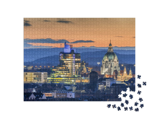 puzzle 1000 dílků „Letecký pohled na večerní Hannover, Dolní Sasko“