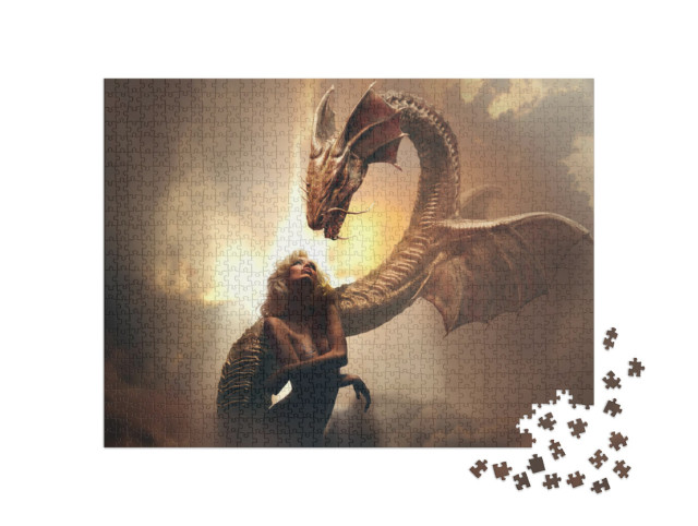 puzzle 1000 dílků „Blonďatá dívka a drak ve světě fantazie“
