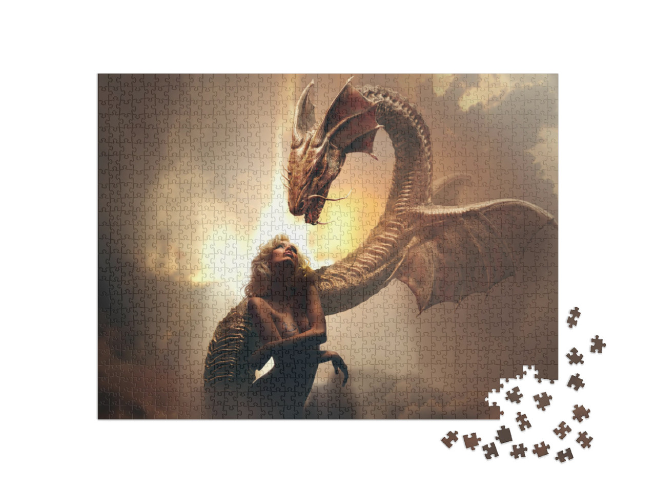 puzzle 1000 dílků „Blonďatá dívka a drak ve světě fantazie“