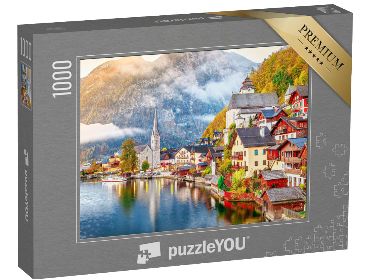 puzzle 1000 dílků „Hallstattské jezero s břehem a horami, Rakousko“
