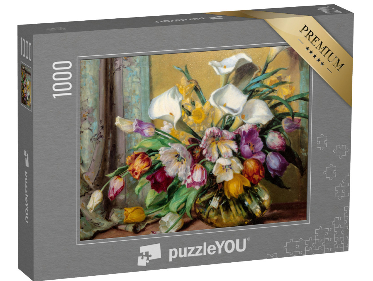 puzzle 1000 dílků „Olejomalba: Květinové aranžmá v baňaté skleněné váze“