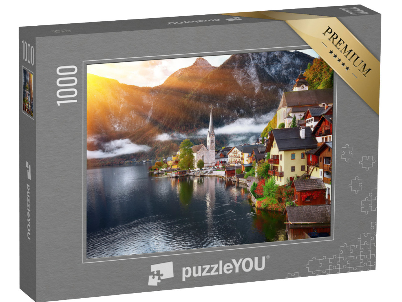 puzzle 1000 dílků „Horská vesnice Hallstatt s Hallstattským jezerem, Alpy, Rakousko“