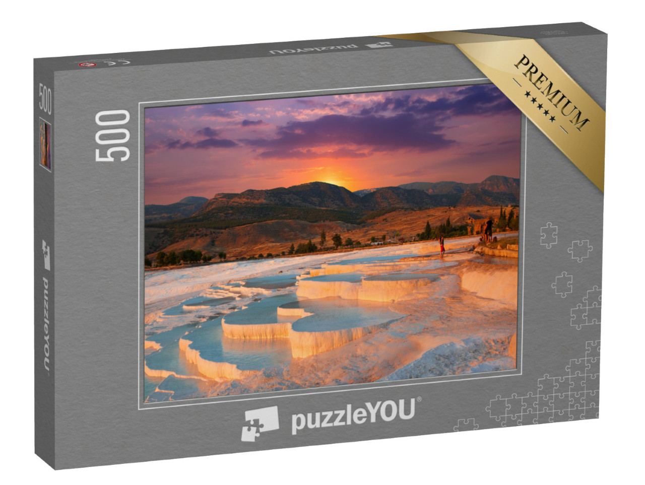 puzzle 500 dílků „Východ slunce a přírodní travertinové bazény a terasy v Pamukkale“