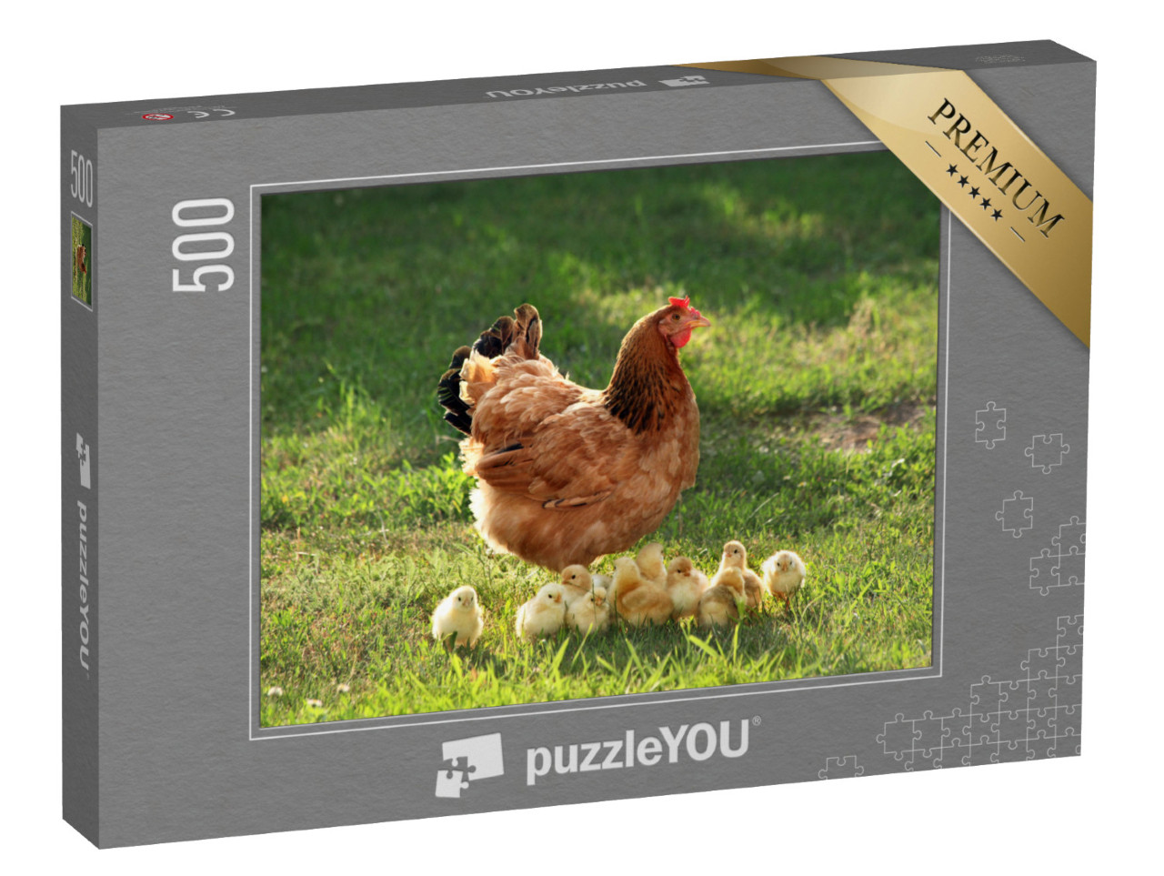 puzzle 500 dílků „Slepice s kuřaty na zelené louce“