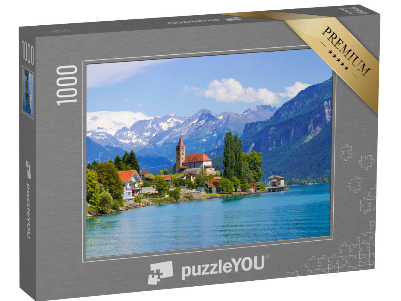 puzzle 1000 dílků „Město Brienz na Brienzském jezeře před Alpami, Interlaken, Švýcarsko“