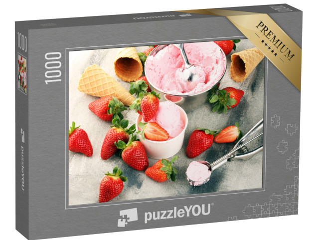 puzzle 1000 dílků „Jahodová zmrzlina s čerstvými jahodami a zmrzlinou...“
