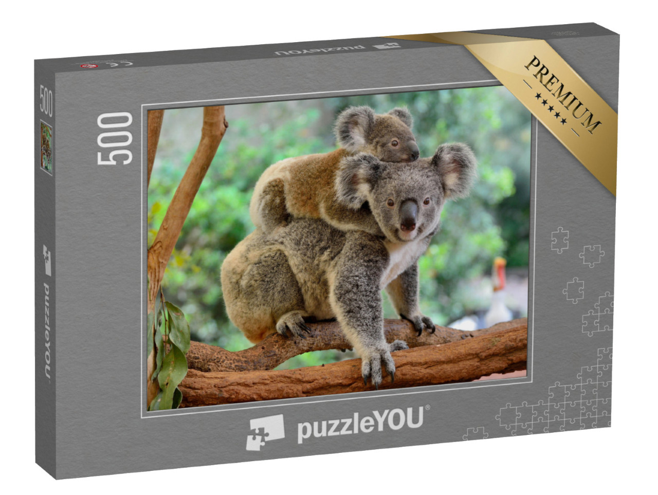 puzzle 500 dílků „Matka koala s mládětem na zádech na eukalyptovém stromě“