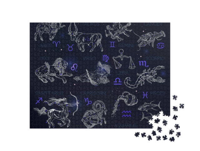puzzle 1000 dílků „Souhvězdí, znamení zvěrokruhu, horoskopy, vintage styl rytí“
