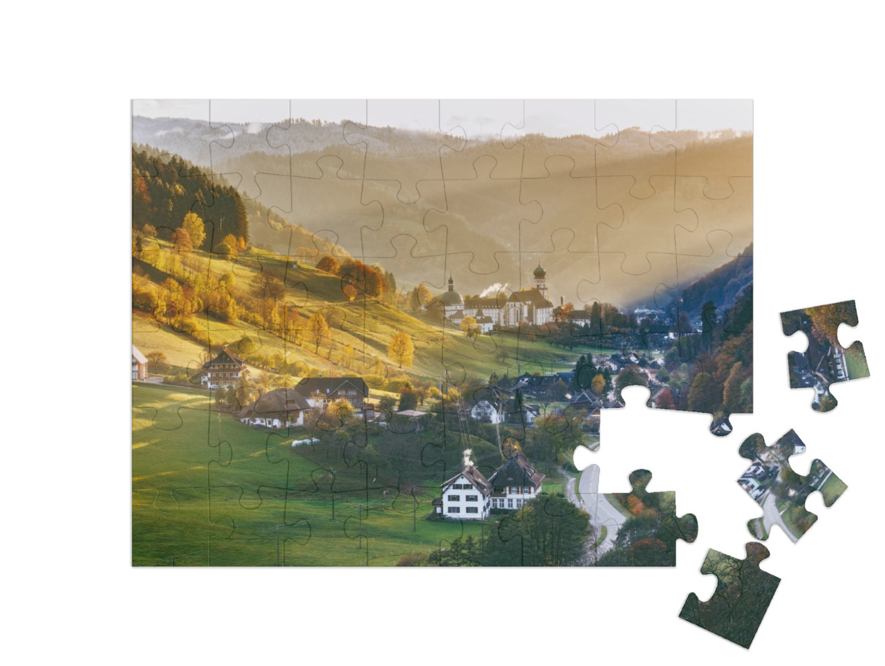 puzzle 48 dílků „Tradiční domy: Panoramatický pohled na Münstertal ve Schwarzwaldu, Německo“