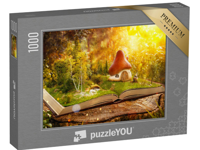 puzzle 1000 dílků „Digitální umění: Kouzelný houbový dům v kouzelném lese plném knih“