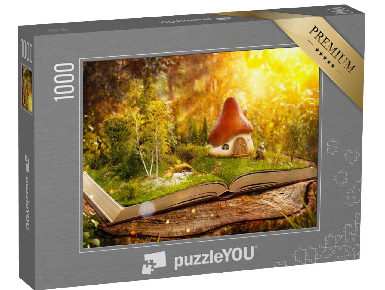 puzzle 1000 dílků „Digitální umění: Kouzelný houbový dům v kouzelném lese plném knih“
