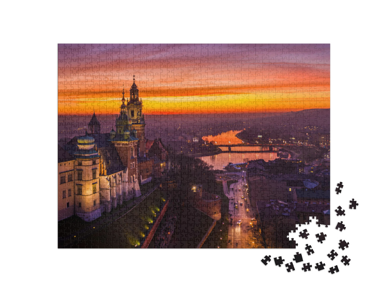 puzzle 1000 dílků „Západ slunce nad hradem Wawel, Krakov, Polsko“