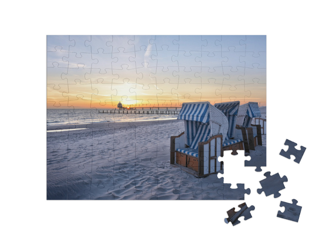 puzzle 100 dílků „Pláž v přímořském letovisku Zingst u Baltského moře“