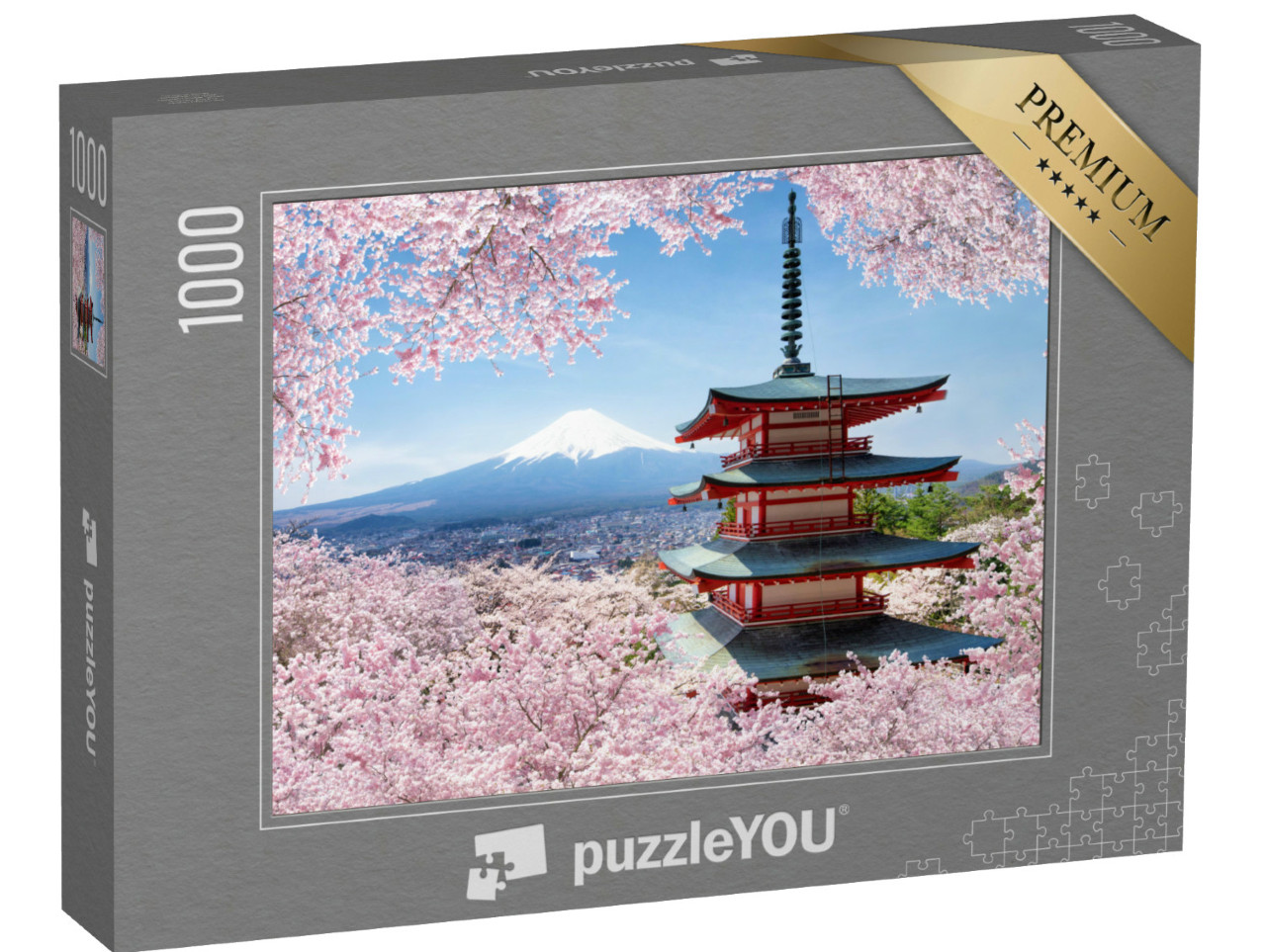puzzle 1000 dílků „Pagoda Čureito a hora Fudži s rozkvetlou třešní na jaře“